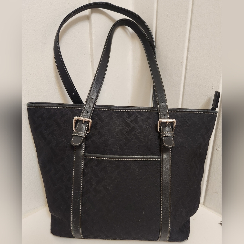 Talbots Black Leather Canvas Purse Handbag Tote Shoulder Bag